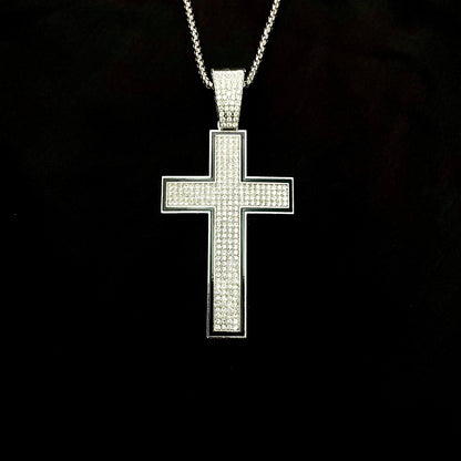 Silver & Black Cross Iced Out Hip Hop Pendant Necklace With Chain