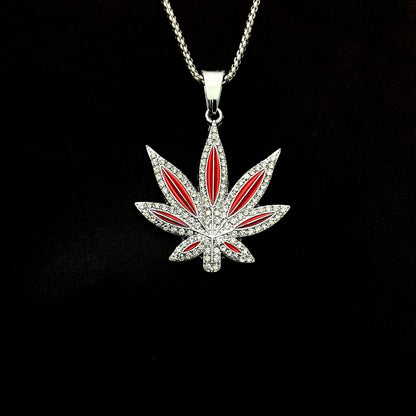 Red Silver Leaf  Iced Out Hip Hop Pendant Necklace With Chain