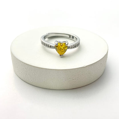 Adjustable Silver Small Yellow Heart Stone Studded Ring