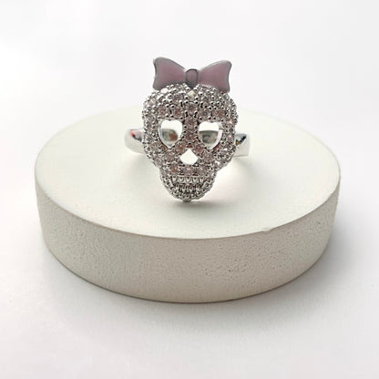 Adjustable Silver Stone Studded Skull Head Ring