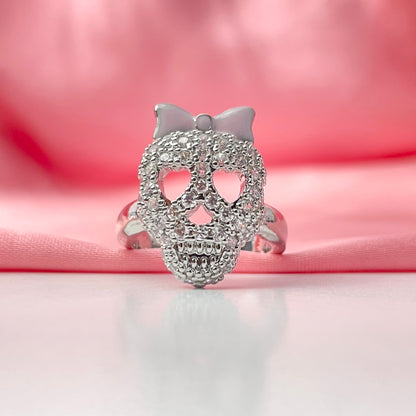 Adjustable Silver Stone Studded Skull Head Ring