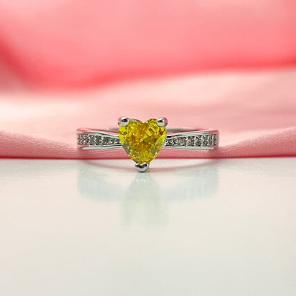 Adjustable Silver Small Yellow Heart Stone Studded Ring