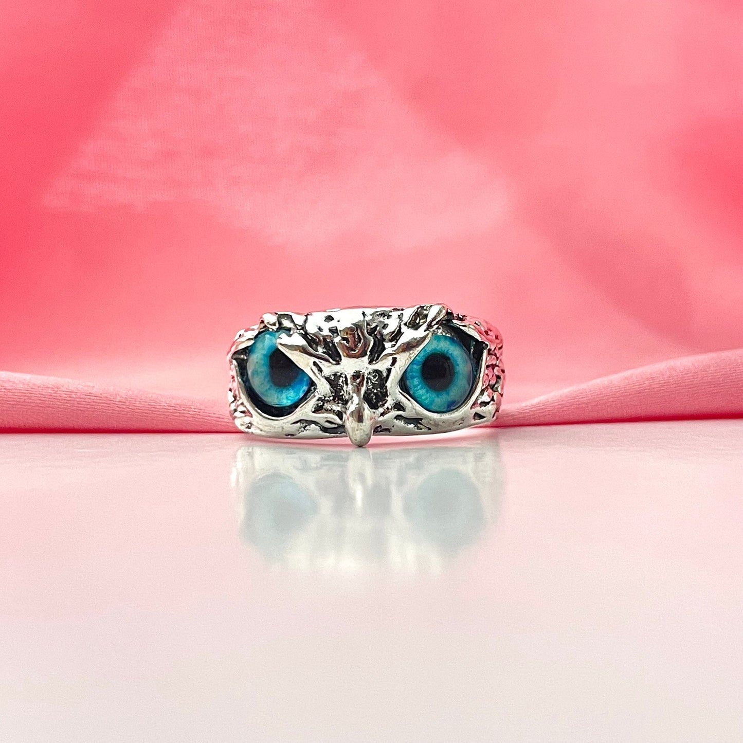 Adjustable Silver Blue Eyes Owl Ring