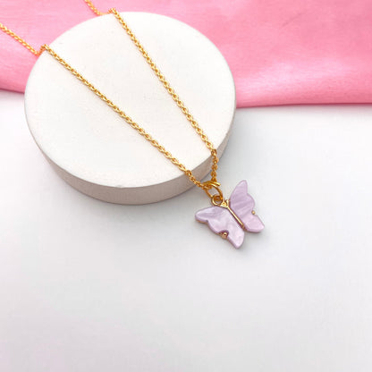 Lavender Acrylic Butterfly Charm Necklace (Golden)