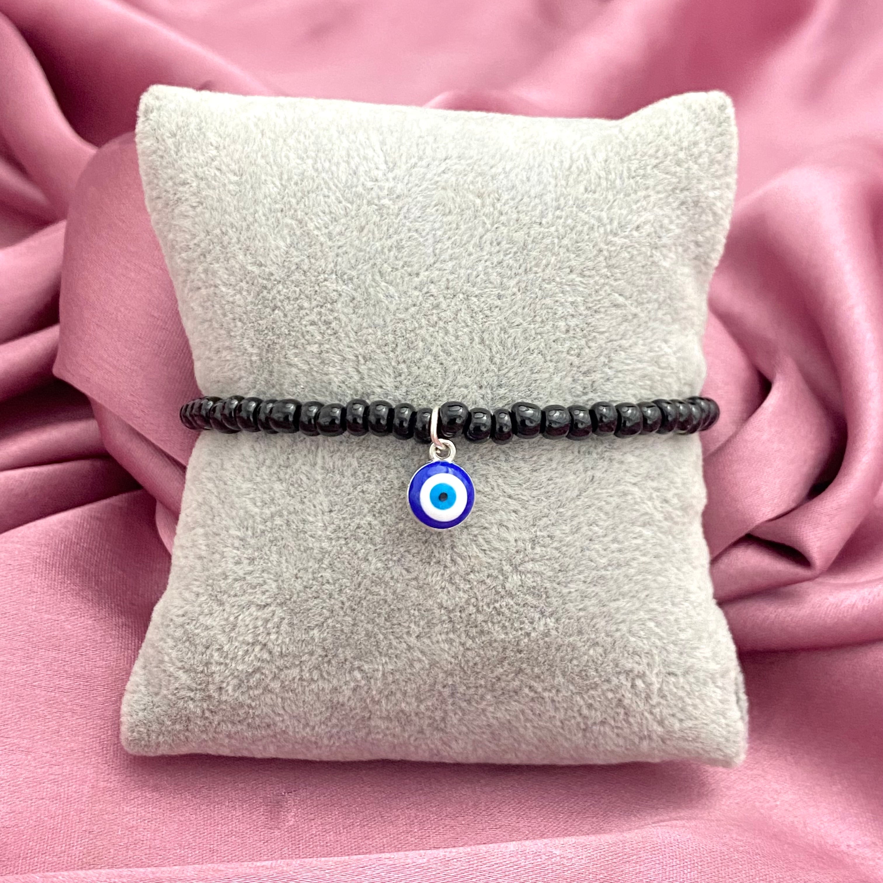 Adjustable Black Beads Bracelet with Evil Eye