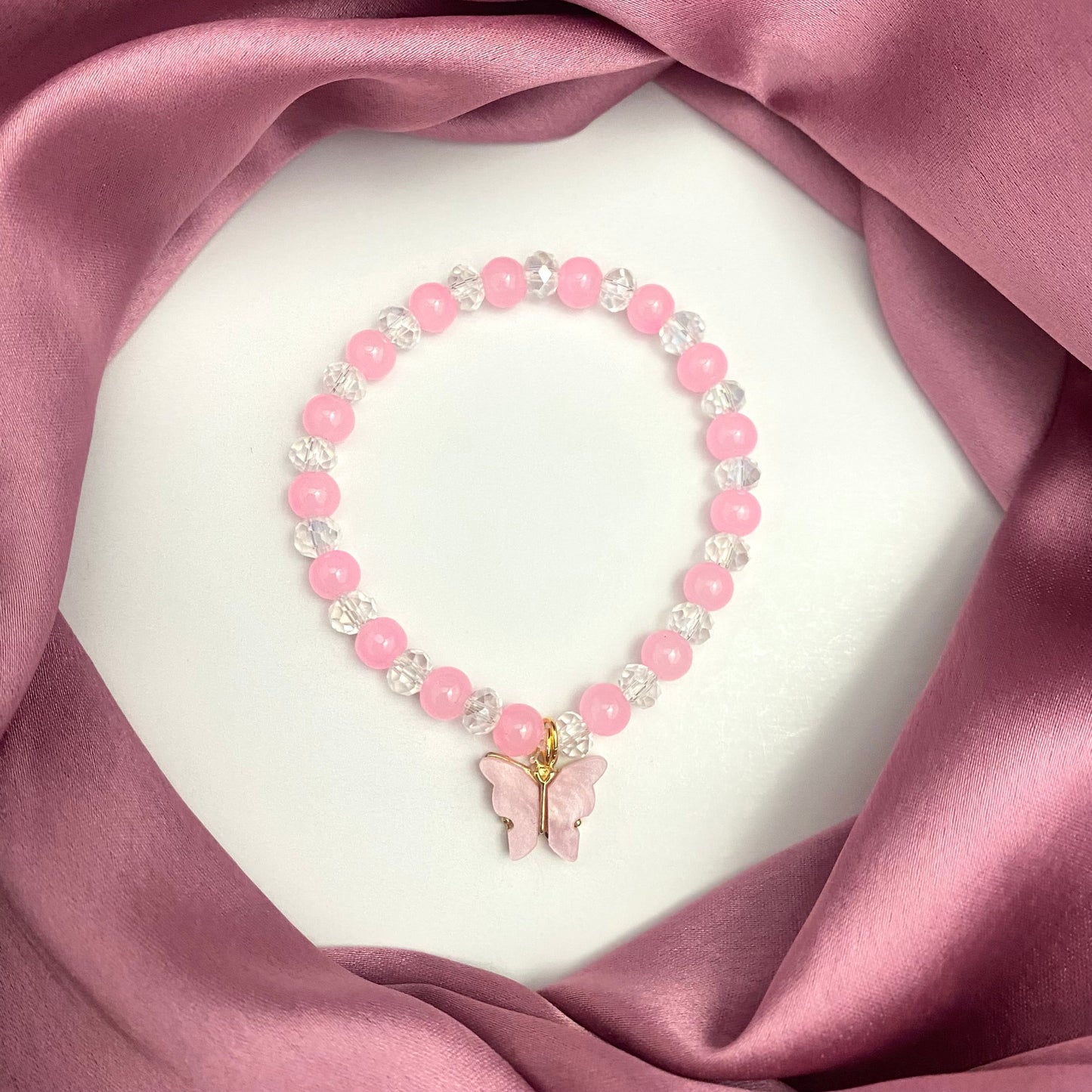 Pink Glass Beads Bracelet With Butterfly Charm