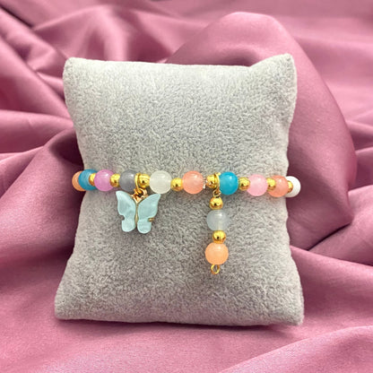 Multicoloured Beads Bracelet With Sea Green Butterfly