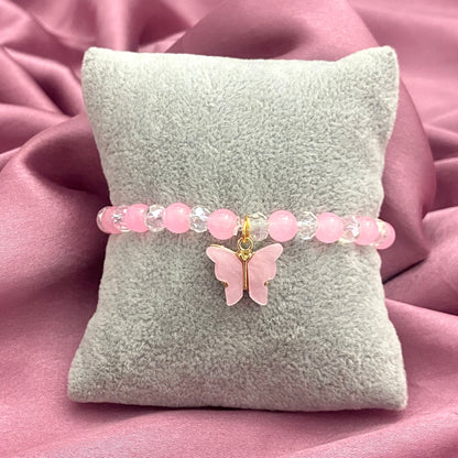 Pink Glass Beads Bracelet With Butterfly Charm