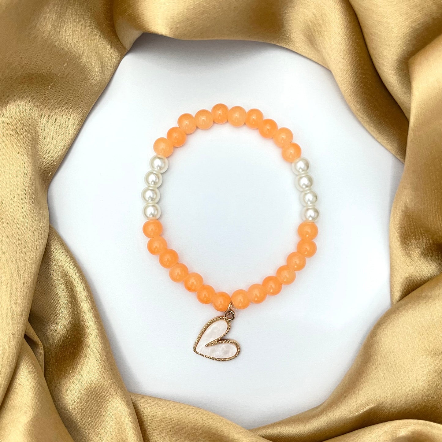 Stretchable Light Orange Glass Beads Bracelet With White Heart Charm(6mm Beads)