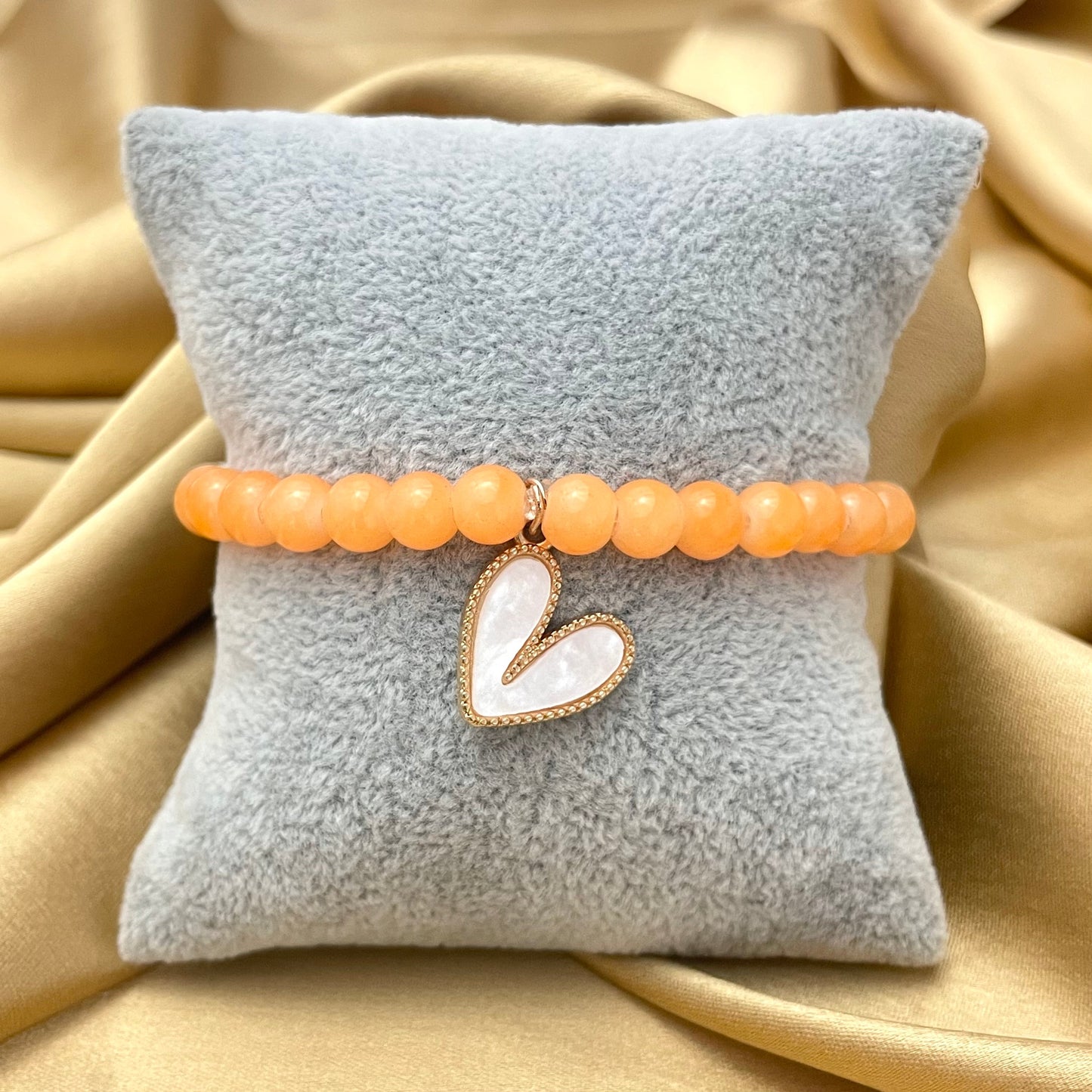 Stretchable Light Orange Glass Beads Bracelet With White Heart Charm(6mm Beads)