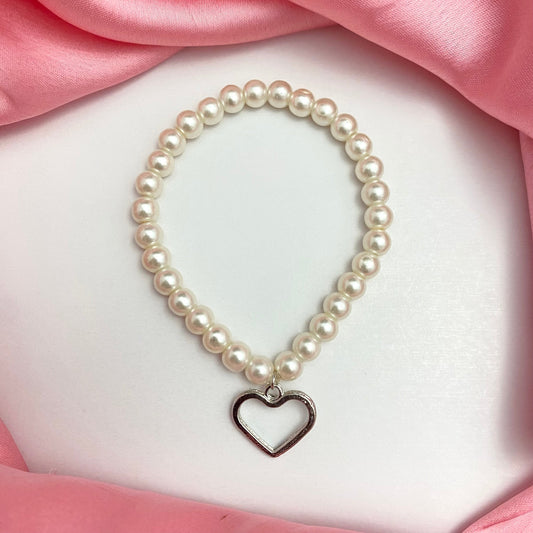 Stretchable Pearl Heart Charm Bracelet (Small Beads)