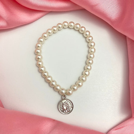 Stretchable Pearl Coin Charm Bracelet (6mm Beads)