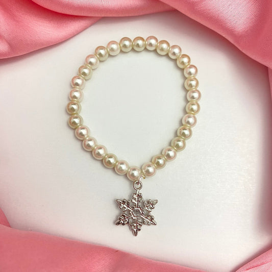 Stretchable Pearl Snowflake Charm Bracelet (6mm Beads)