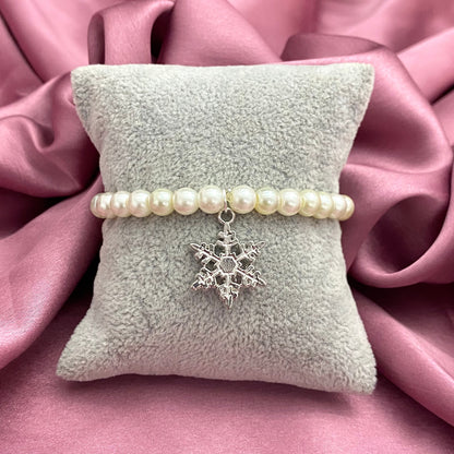 Stretchable Pearl Snowflake Charm Bracelet (6mm Beads)