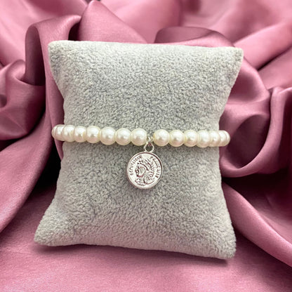 Stretchable Pearl Coin Charm Bracelet (6mm Beads)