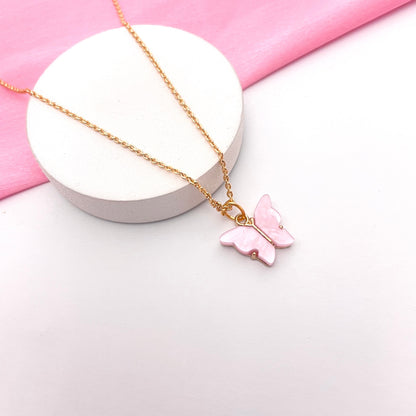 Pink Acrylic Butterfly Charm Necklace (Golden)