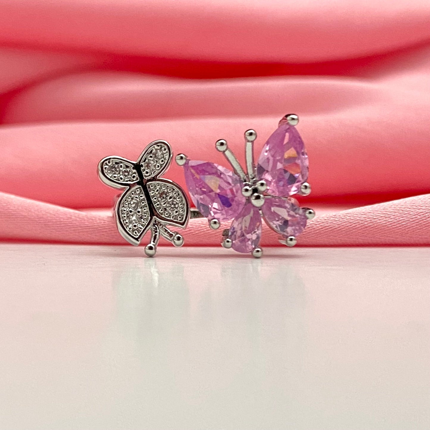 Adjustable Silver Stone Studded Dual Butterfly Friendship Copper Ring (D-4)