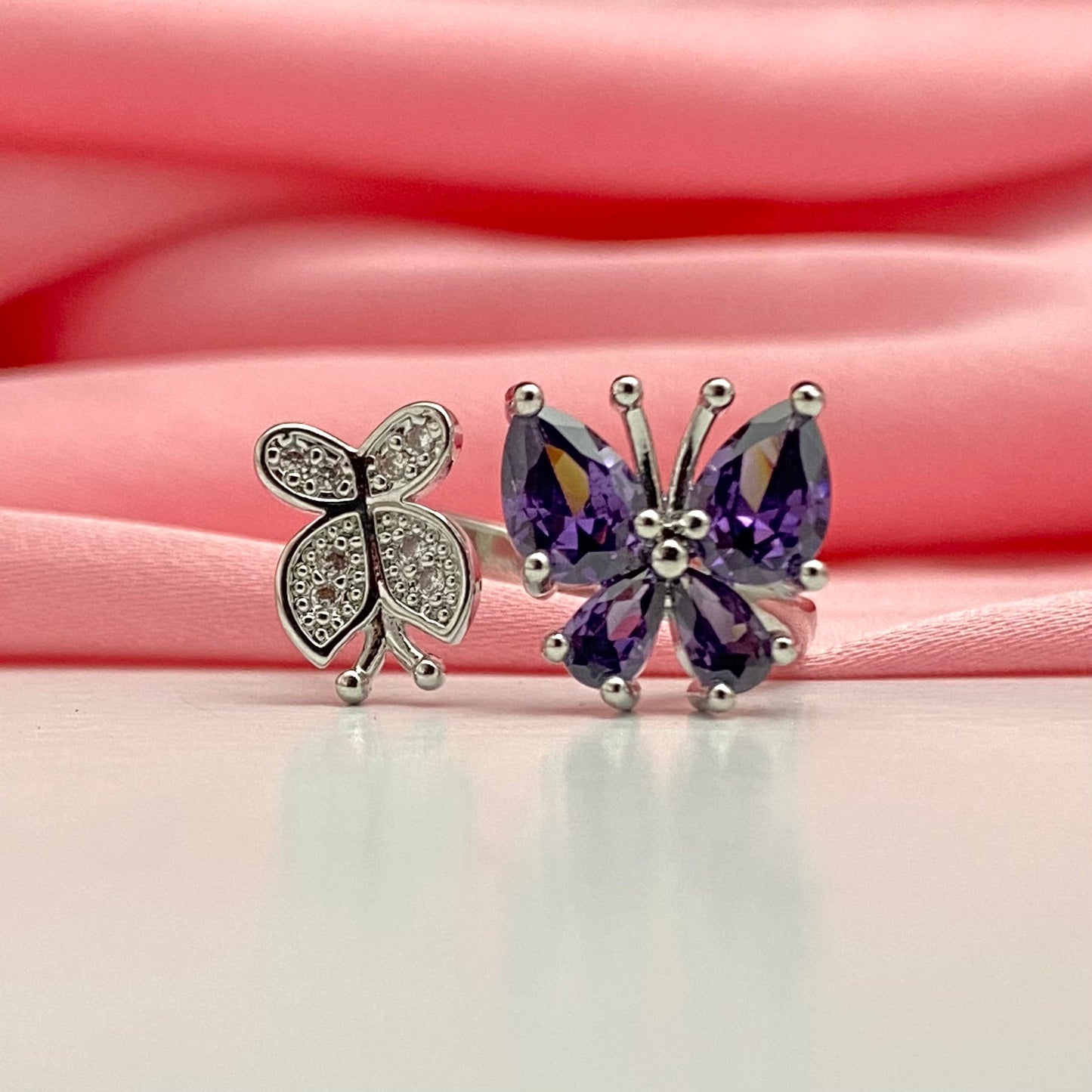 Adjustable Silver Stone Studded Dual Butterfly Friendship Copper Ring