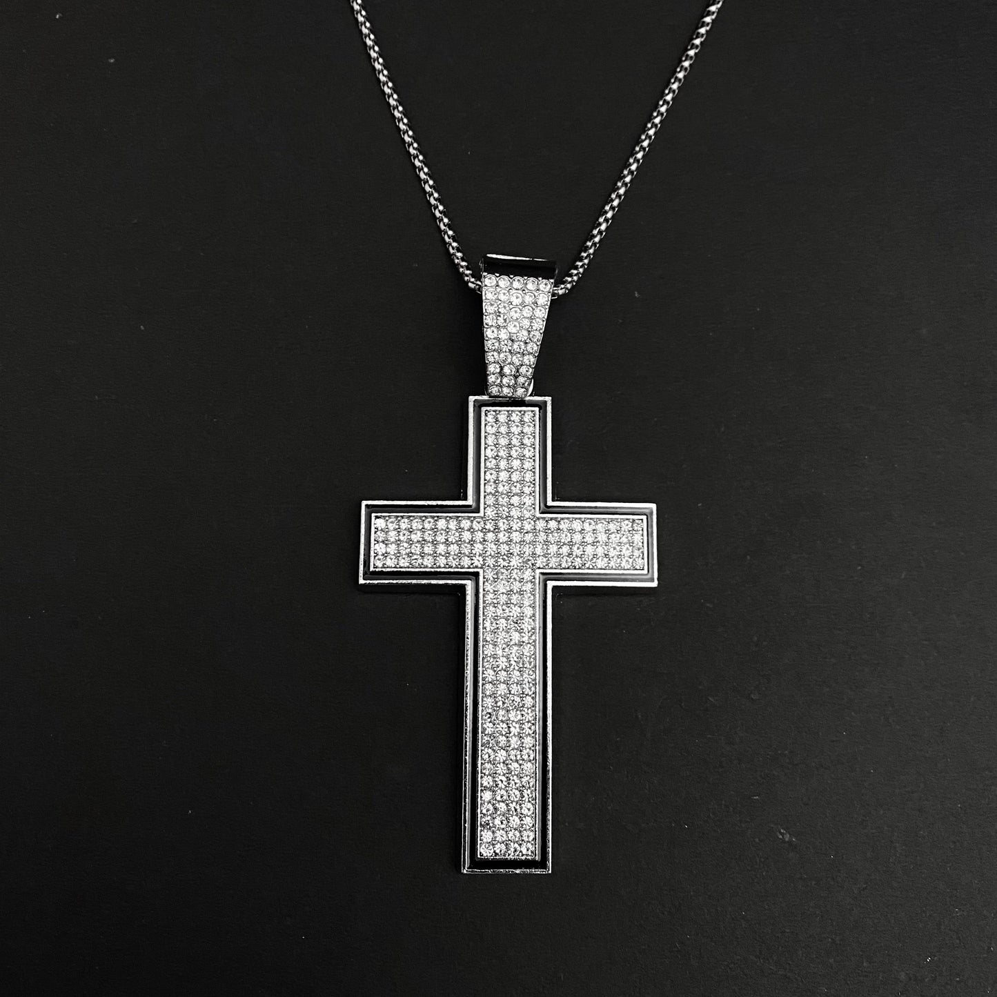 Silver & Black Cross Iced Out Hip Hop Pendant Necklace With Chain