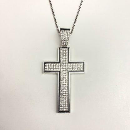 Silver & Black Cross Iced Out Hip Hop Pendant Necklace With Chain