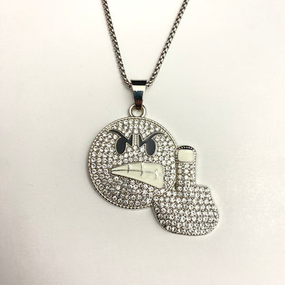 Angry Emoji Middle Finger Iced Out Hip Hop Pendant Necklace With Chain