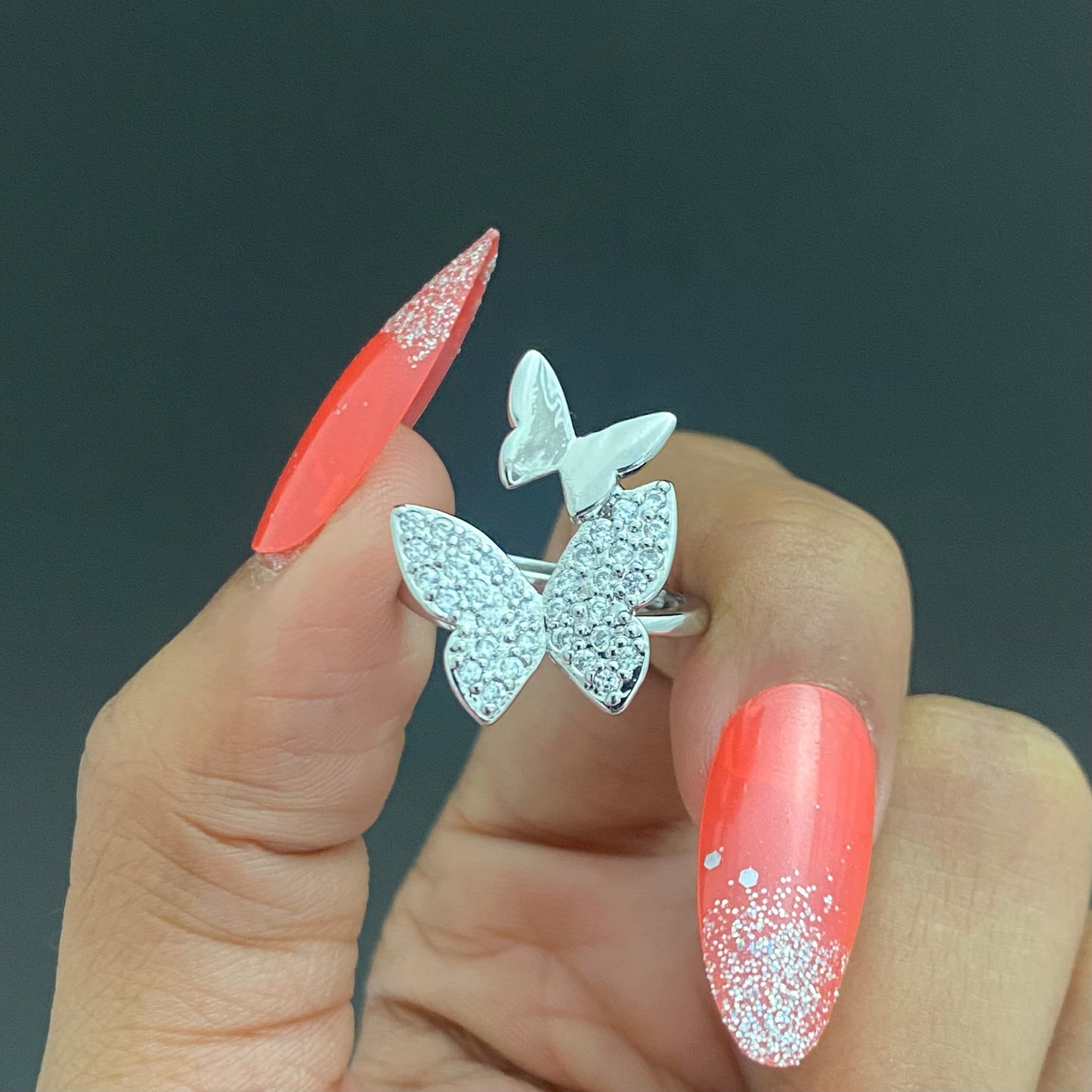 Adjustable Silver Double Stone Studded Butterflies Ring