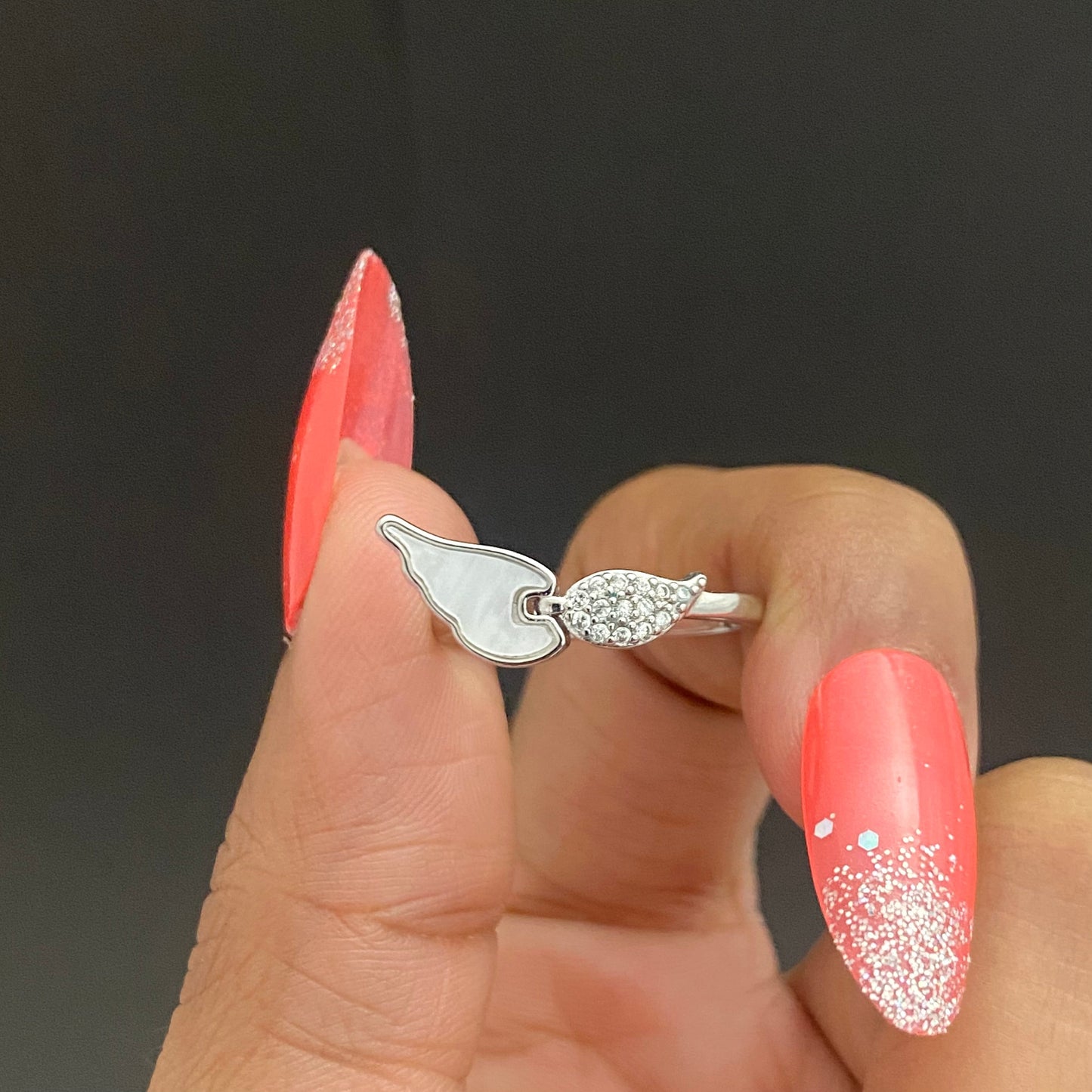 Adjustable Silver Feather Stone Studded Ring