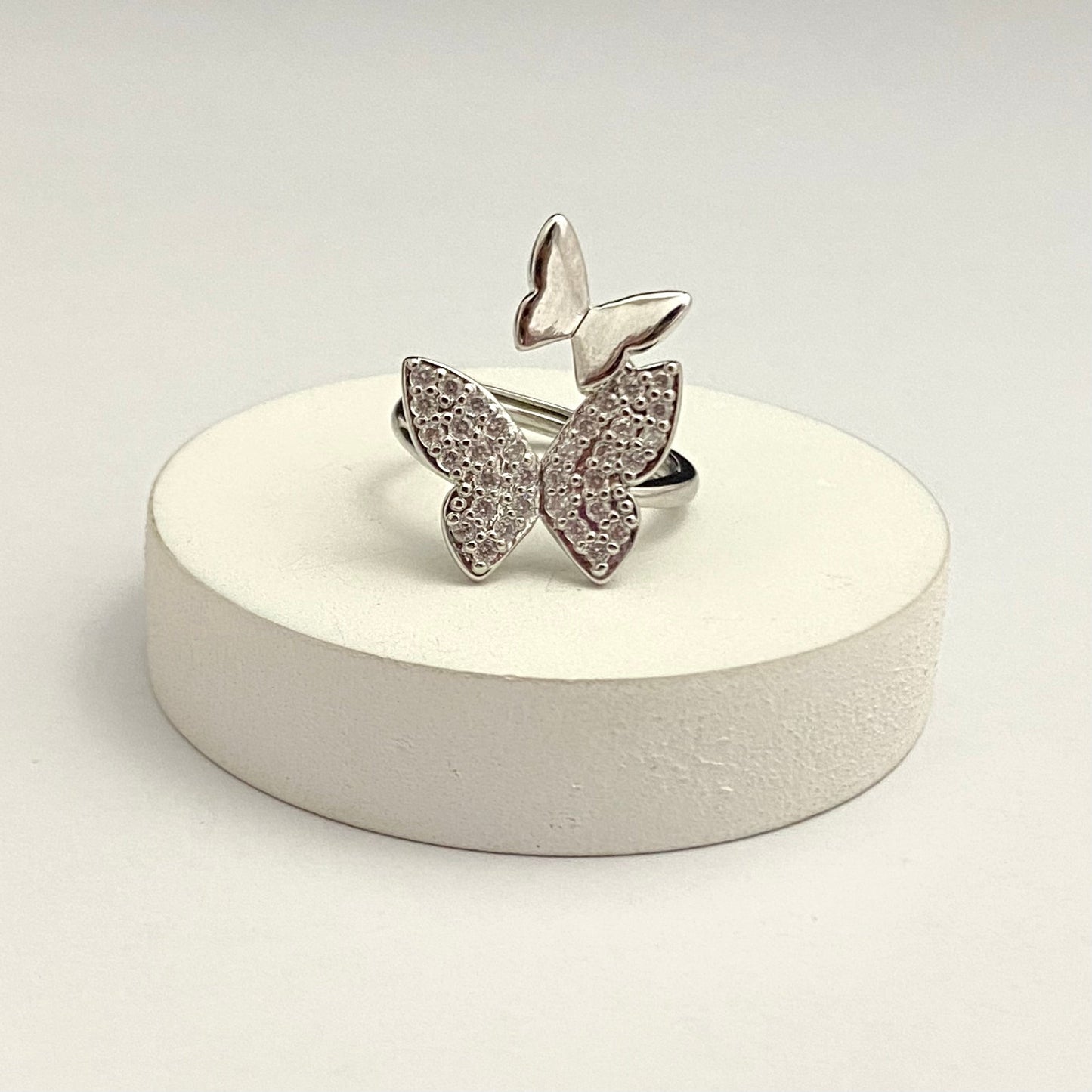 Adjustable Silver Double Stone Studded Butterflies Ring