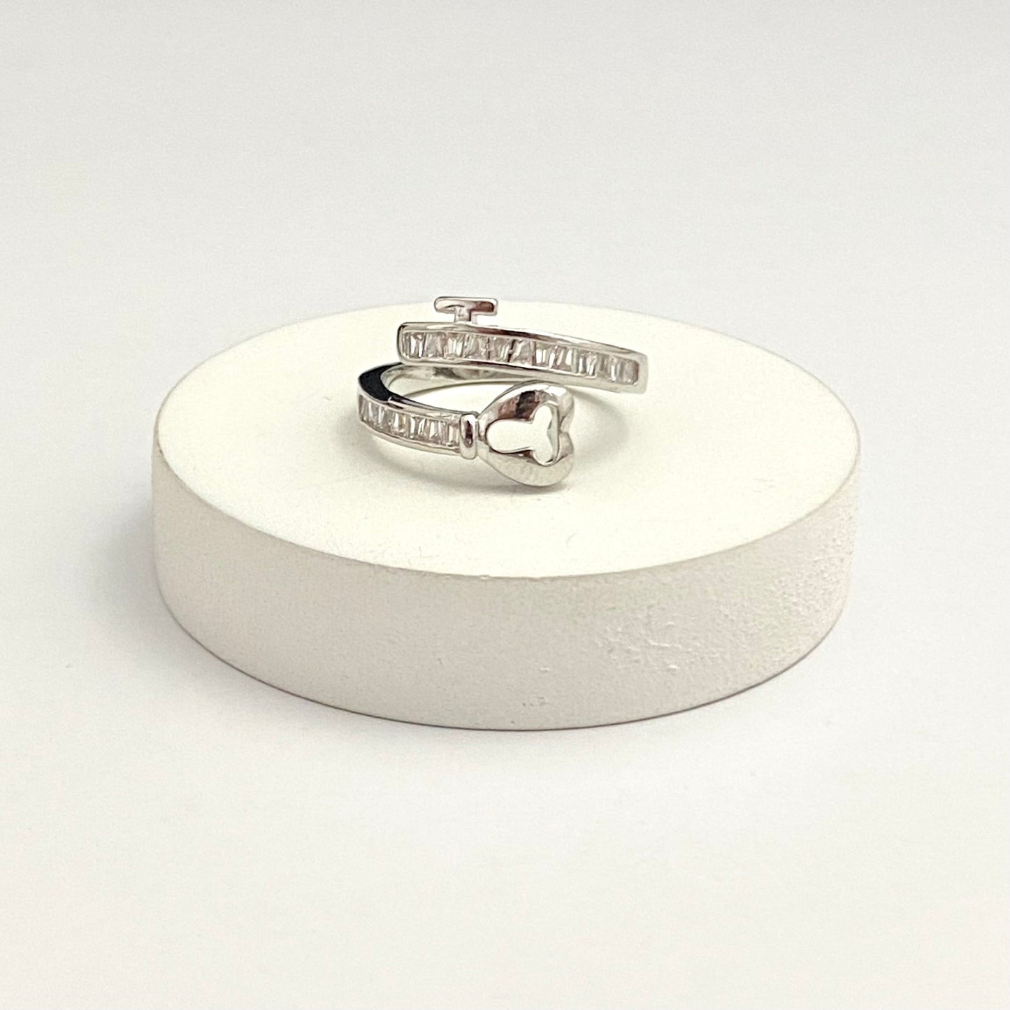 Adjustable Silver Lock Key Stone Studded Ring