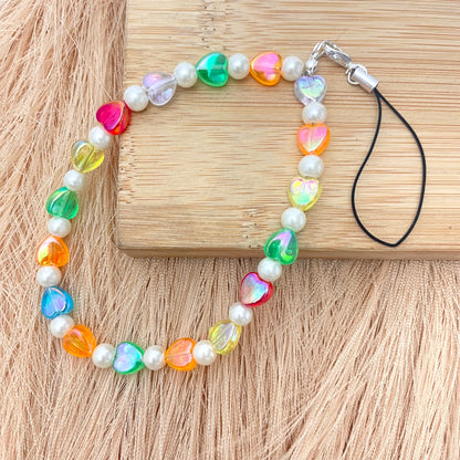 Cute Y2K Colourful Phone Charm Strap With Multiple Heart Charms