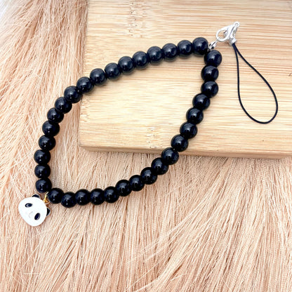 Cute Black Glass Pearl Phone Charm Strap With Panda Face Charm