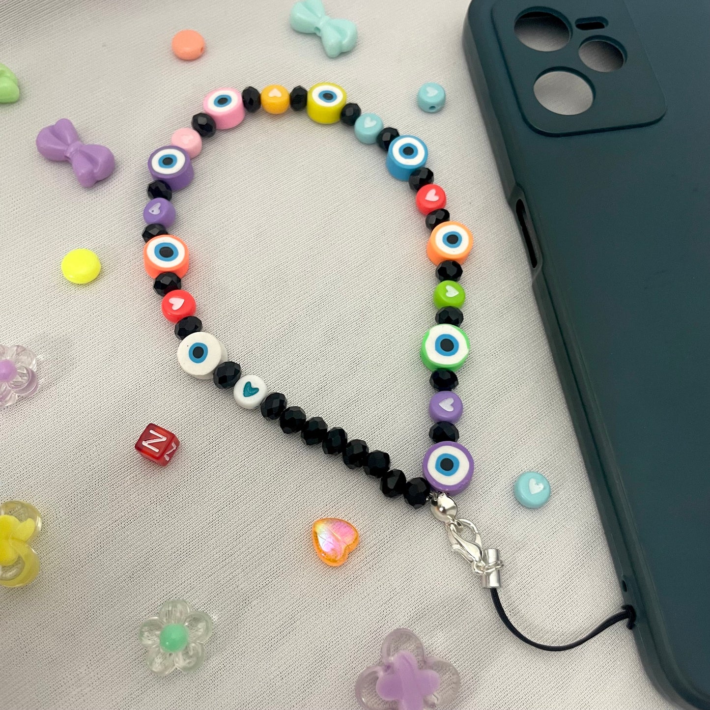 Cute Y2K Colourful Phone Charm Strap With Multiple Evil Eye Charms