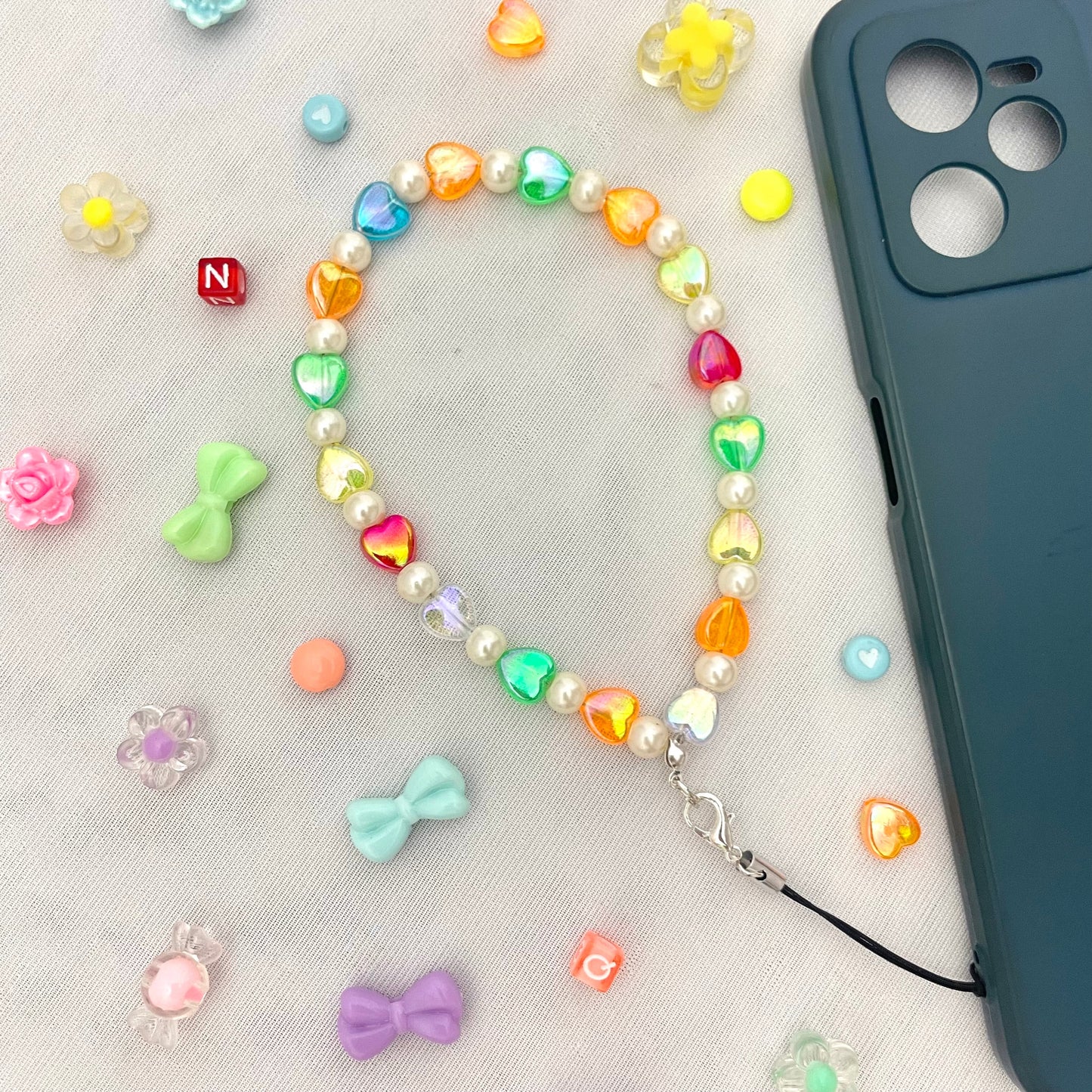 Cute Y2K Colourful Phone Charm Strap With Multiple Heart Charms