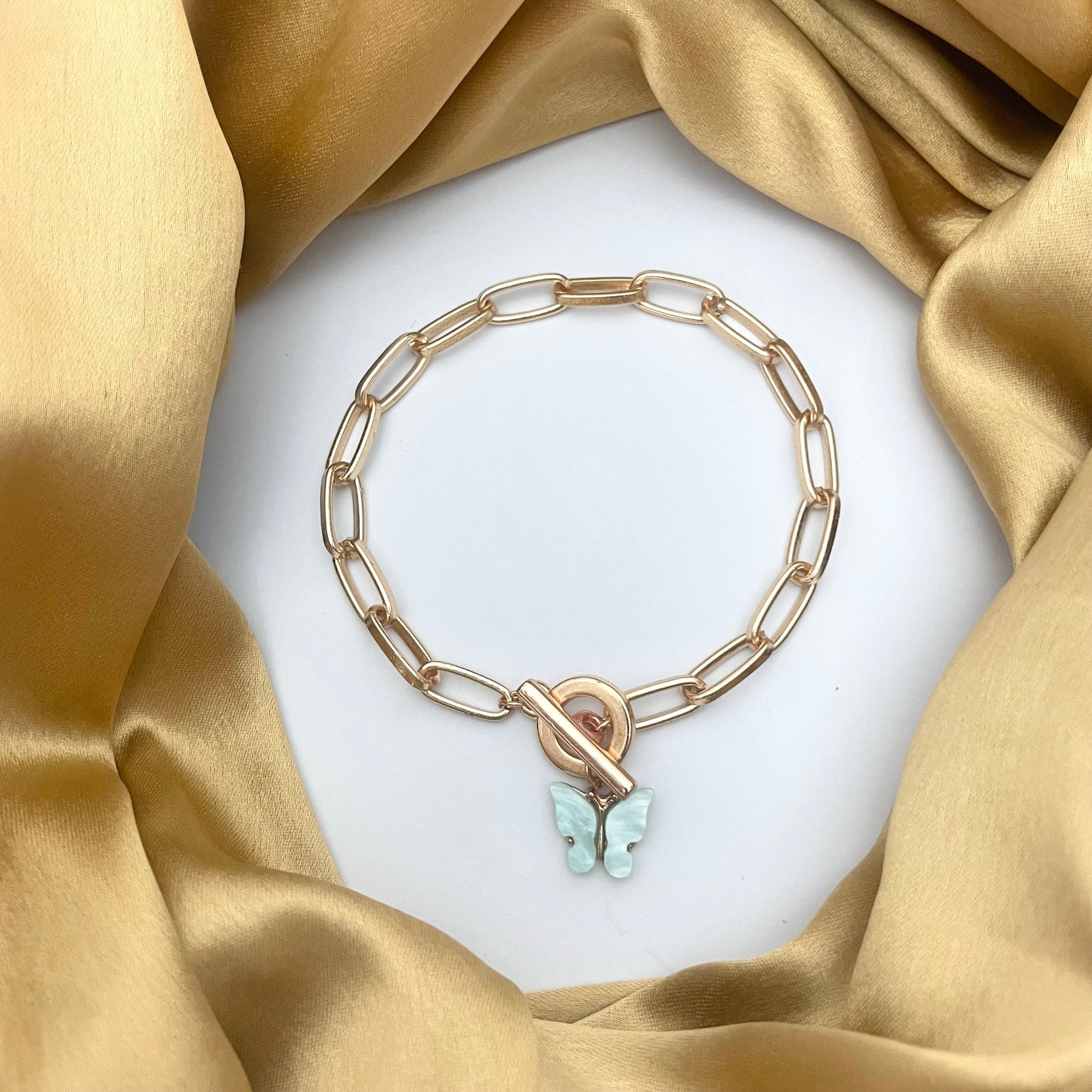 Simple Classic Gold Link Chain Bracelet With Butterfly (Sea Green)