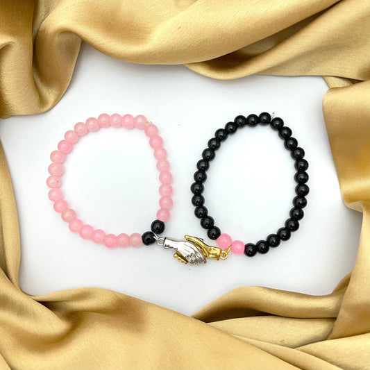 Couple Magnetic Hand Stretchable Bracelet Pink Black (Small Beads)