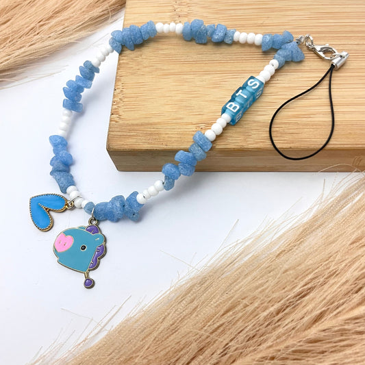 Cute Y2K Blue & White Uncut Stone BTS Phone Charm Strap With Charm