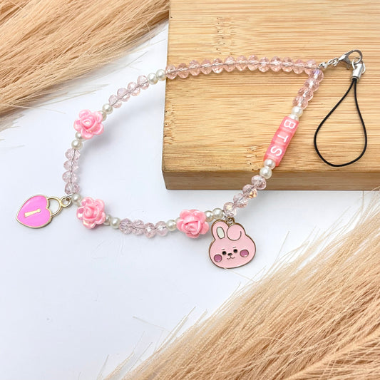 Cute Y2K Crystal Pink & White Stone BTS Phone Charm Strap With Cooky