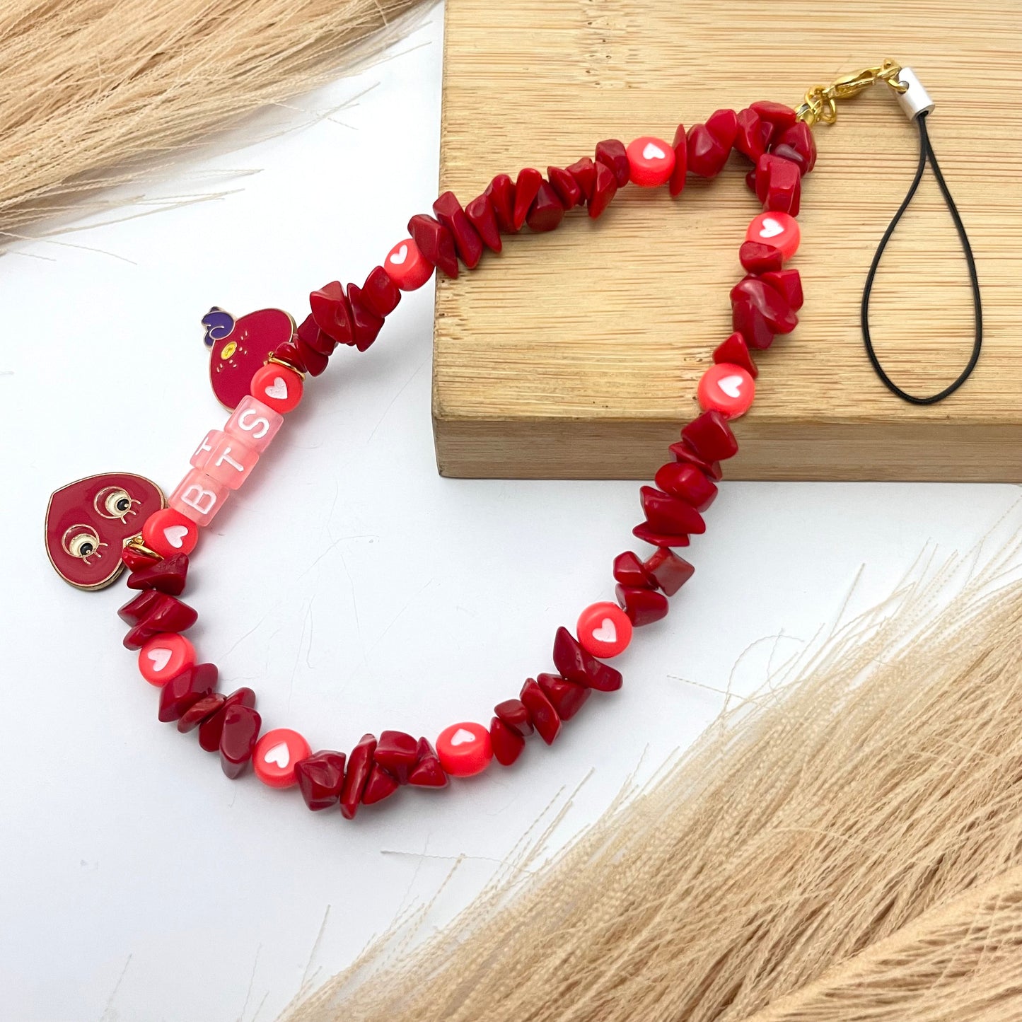 Cute Y2K Red Uncut Stone BTS Phone Charm Strap With Charm