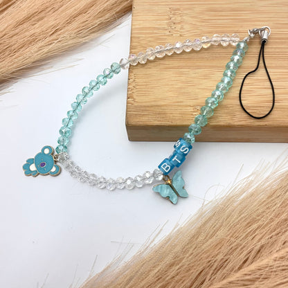 Cute Y2K Blue & White Crystal Stone BTS Phone Charm Strap With Koya Charm