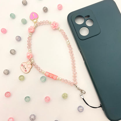 Cute Y2K Crystal Pink & White Stone BTS Phone Charm Strap With Cooky