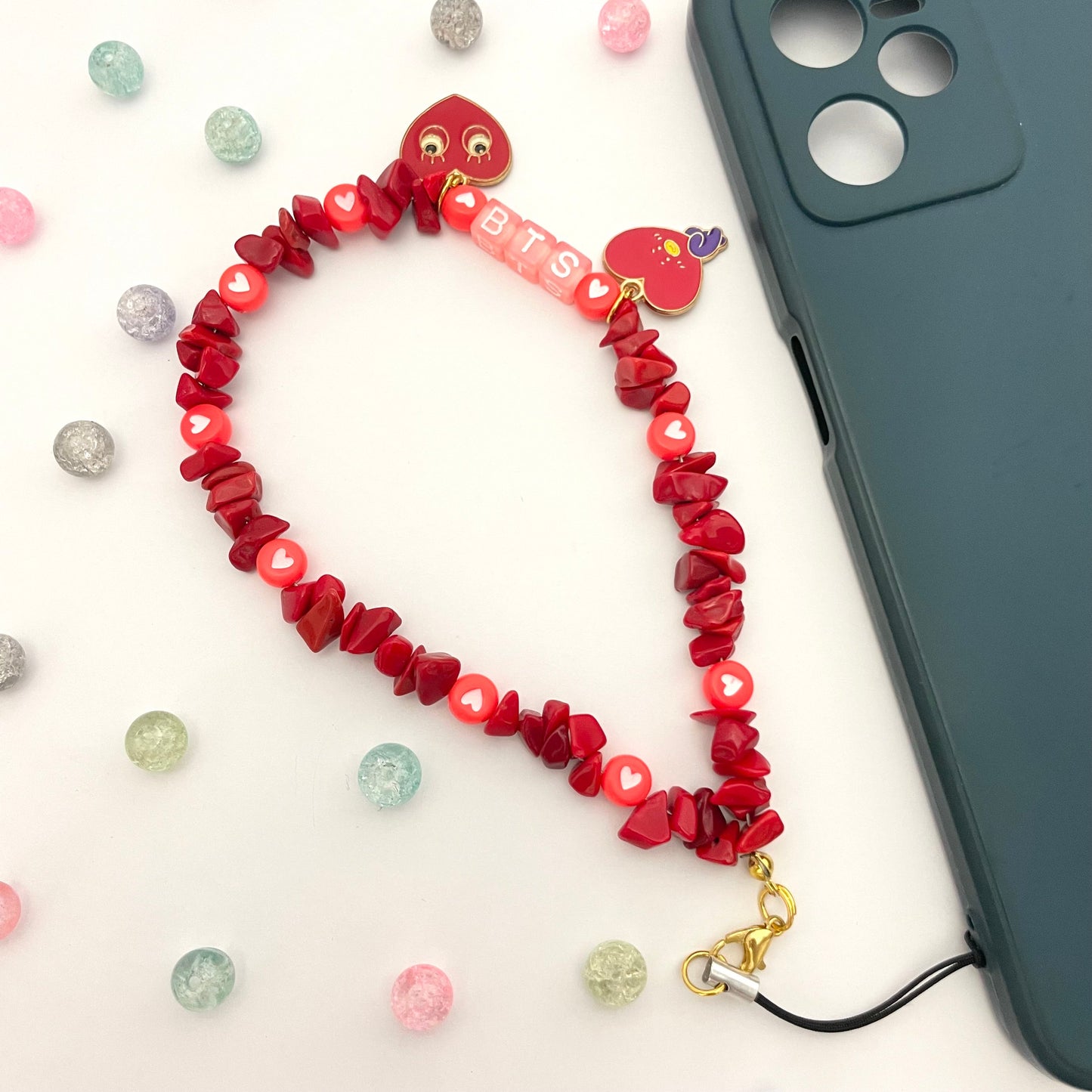 Cute Y2K Red Uncut Stone BTS Phone Charm Strap With Charm