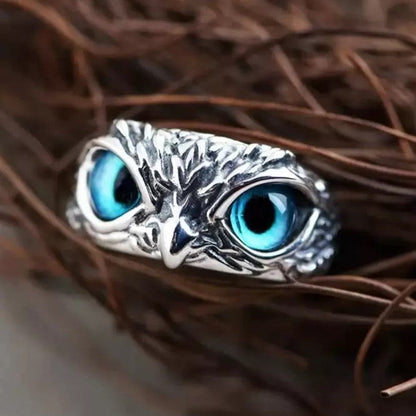 Adjustable Silver Blue Eyes Owl Ring