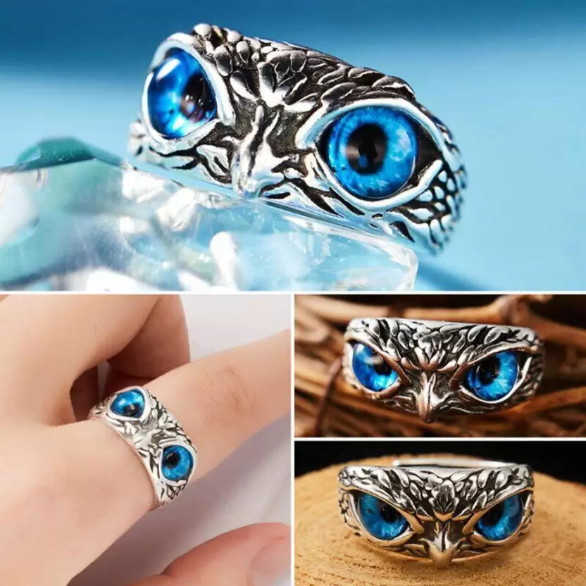 Adjustable Silver Blue Eyes Owl Ring