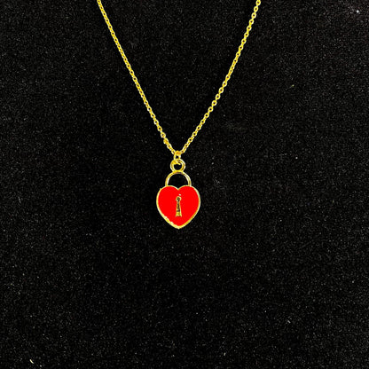 Red Heart  Lock Charm Necklace (Waterproof)