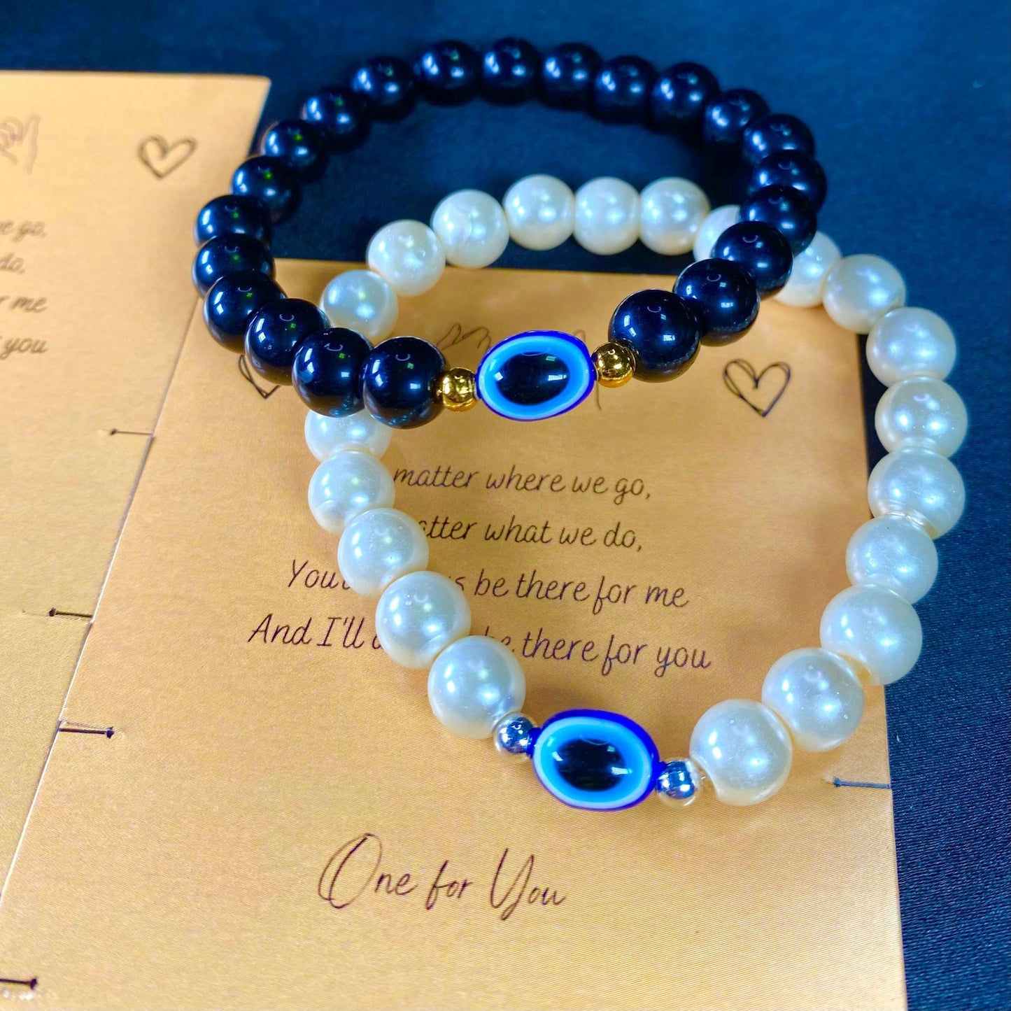 White & Black Beads With Evil Eye Charm Couple Bracelet