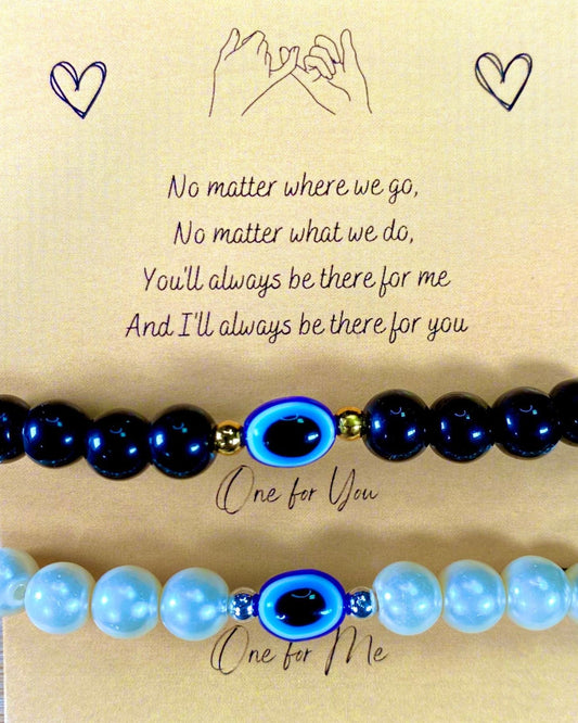 White & Black Beads With Evil Eye Charm Couple Bracelet