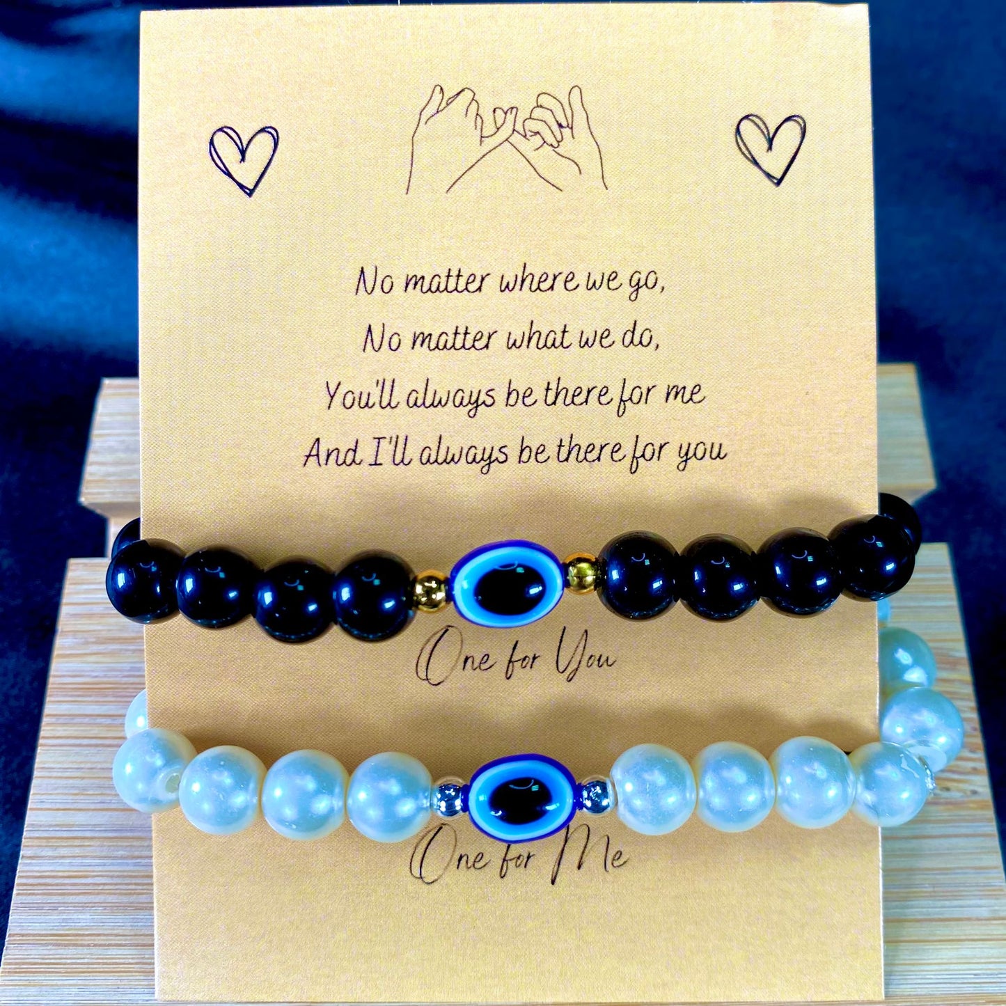 White & Black Beads With Evil Eye Charm Couple Bracelet