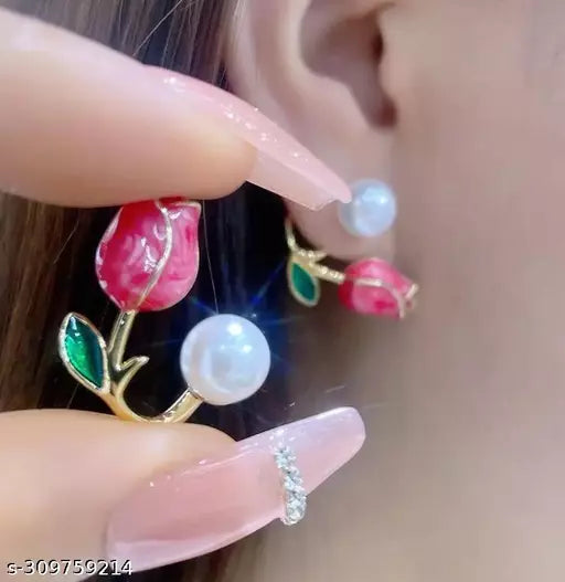 Korean Dark Pink Tulip Pearl Flower Earrings